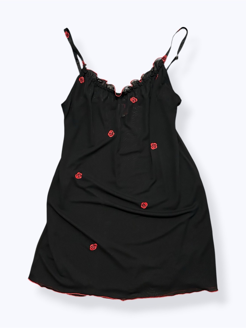 Vintage Josie Natori y2k Black Rosette Embroidered Babydoll Slip
